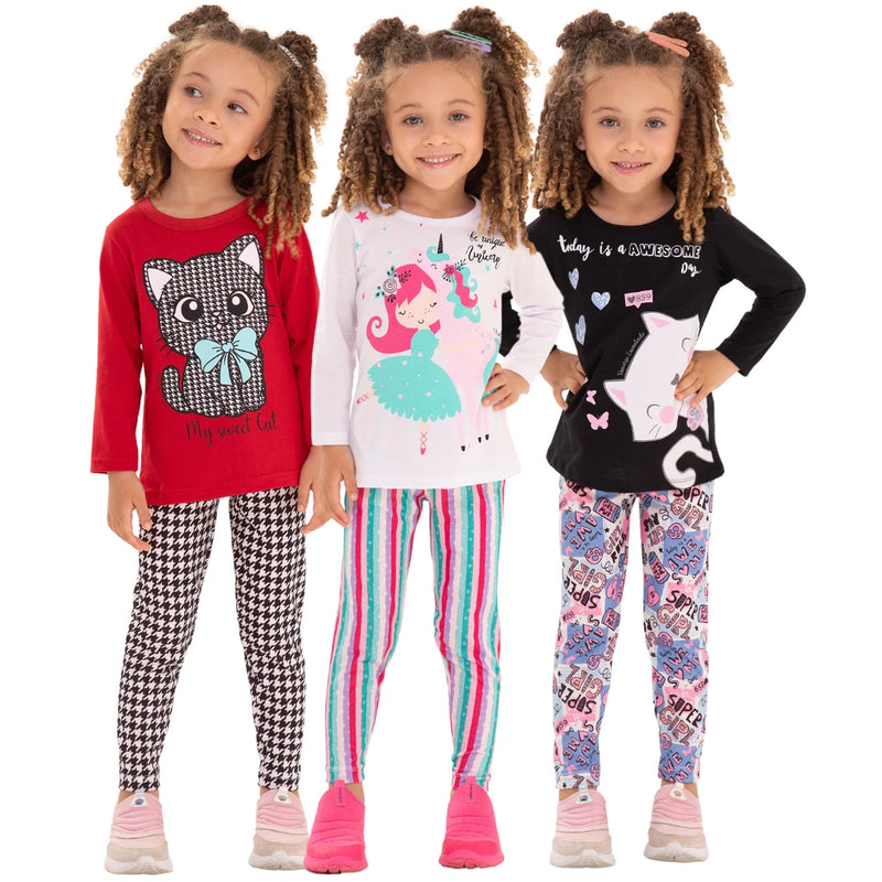 Assorted Kit 8 Pieces Women's Clothing Kids Winter and Half Season-4 Long Sleeve Shirts + 4 Legging Pants from 1 to 10